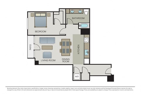 Floor plan for 1 bed, 1 bath, 843 sqft